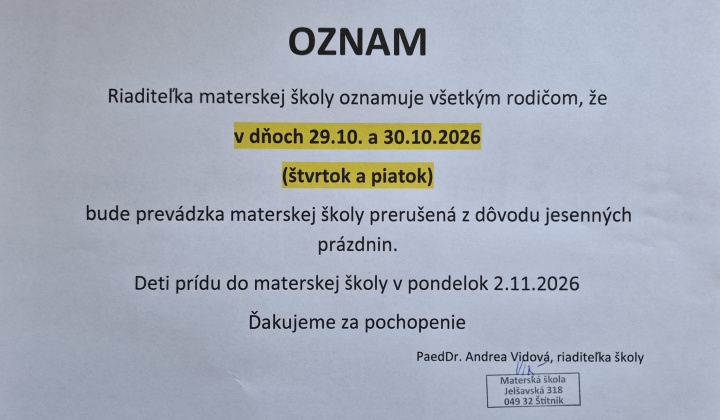 Prerušená prevádzka od 29.10 do 30.10.2026